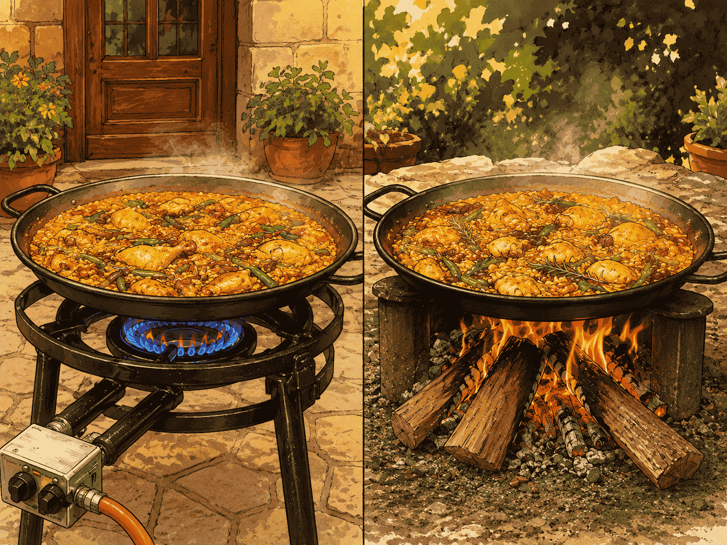 Comparacion paella leña con paellero